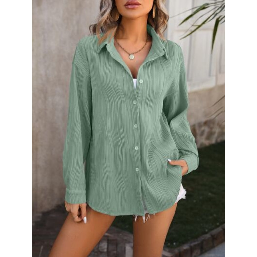 Button Up Dropped Shoulder Shirt Sage / S Apparel and Accessories