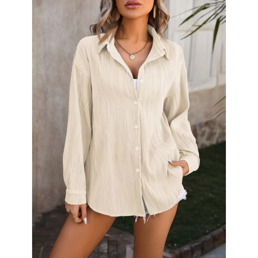 Button Up Dropped Shoulder Shirt Sand / S Apparel and Accessories