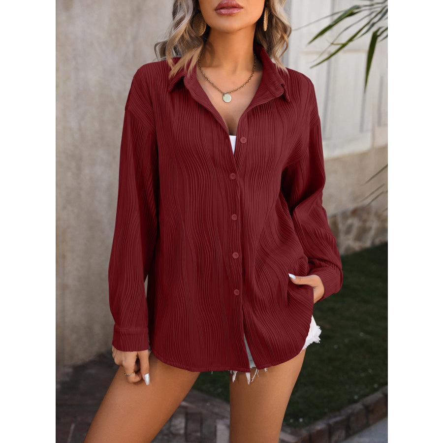 Button Up Dropped Shoulder Shirt Wine / S Apparel and Accessories