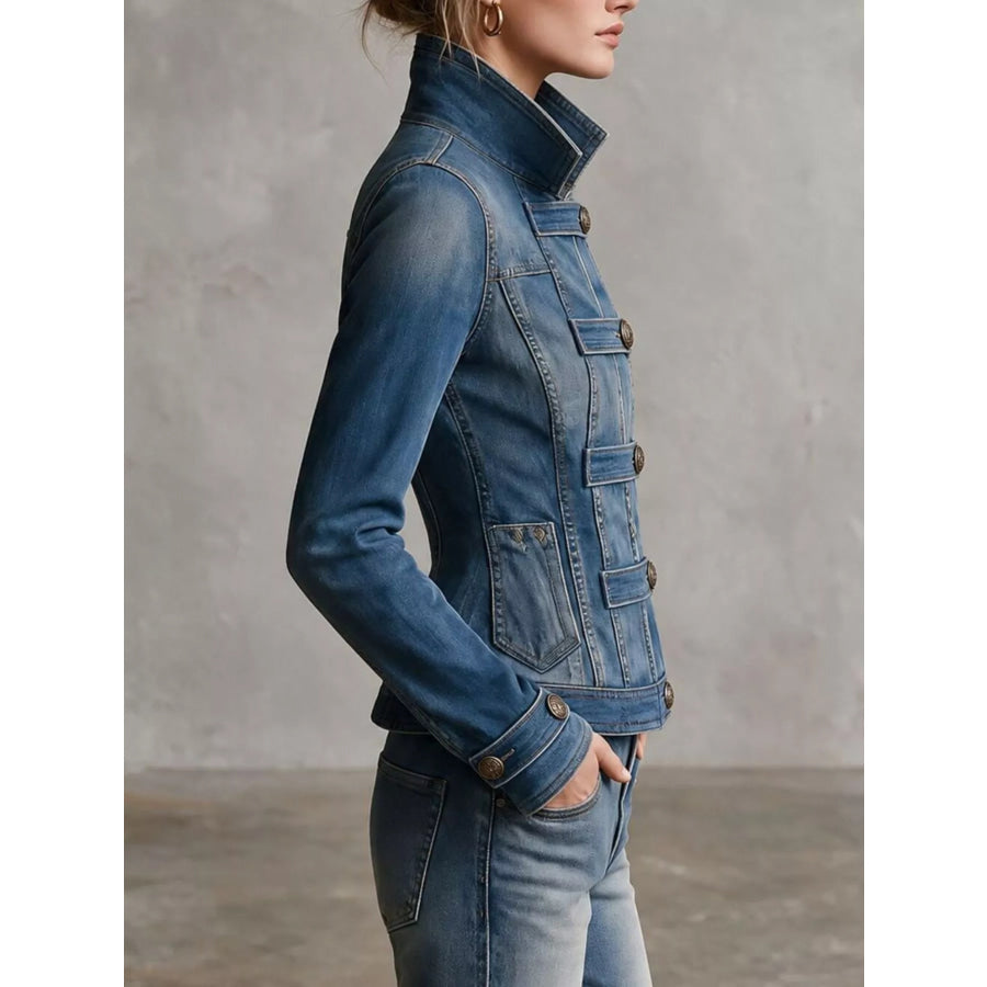 Button Up Fitted Denim Jacket Apparel and Accessories