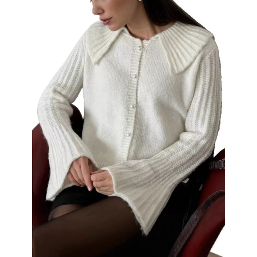 Button Up Flare Sleeve Cardigan White / S Apparel and Accessories