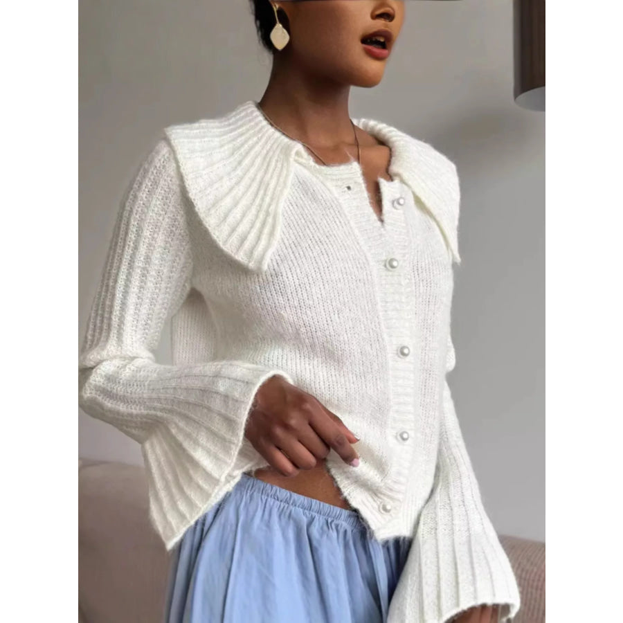 Button Up Flare Sleeve Cardigan White / S Apparel and Accessories