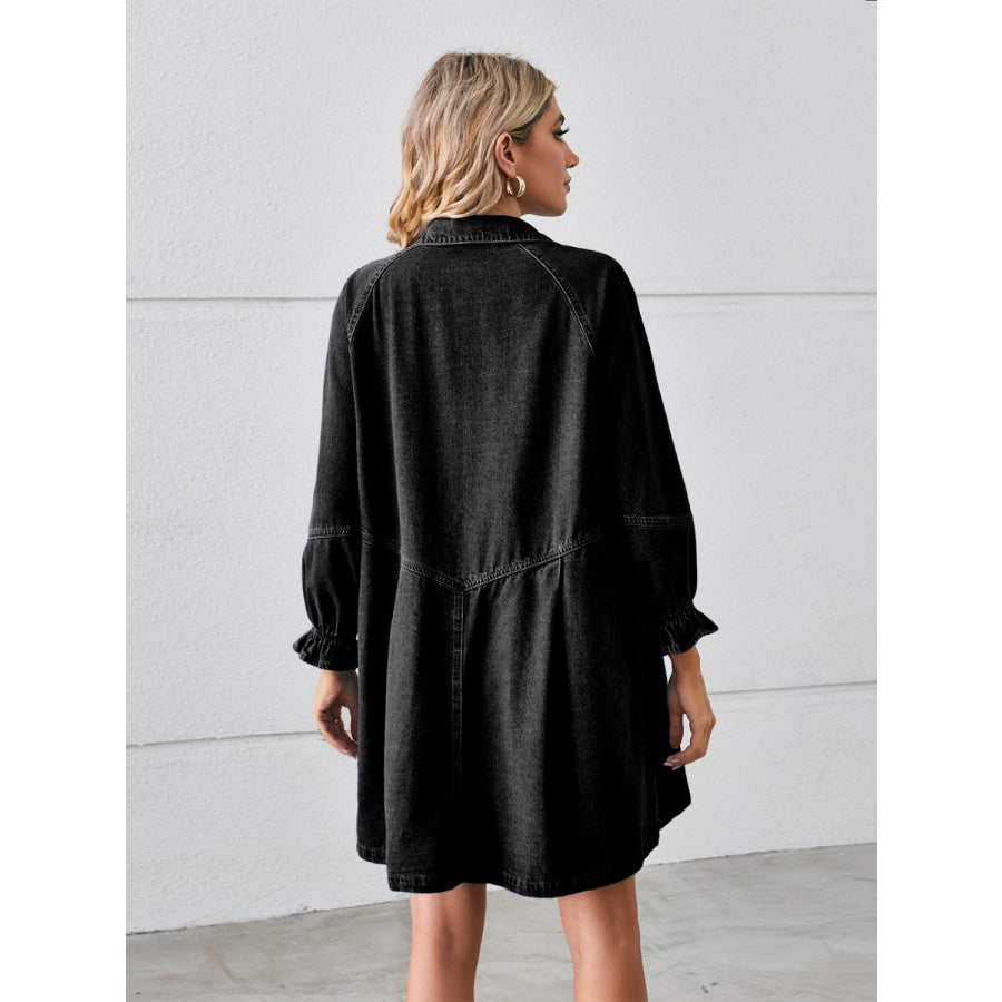 Button Up Flounce Sleeve Mini Denim Dress Black / S Apparel and Accessories