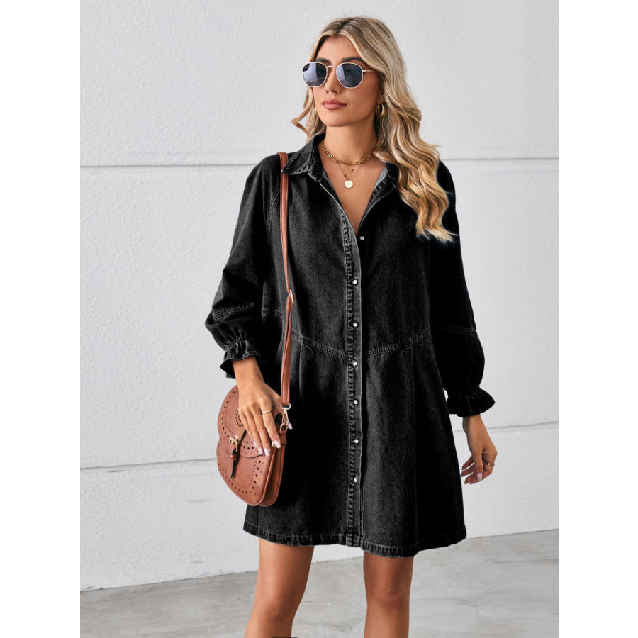 Button Up Flounce Sleeve Mini Denim Dress Black / S Apparel and Accessories