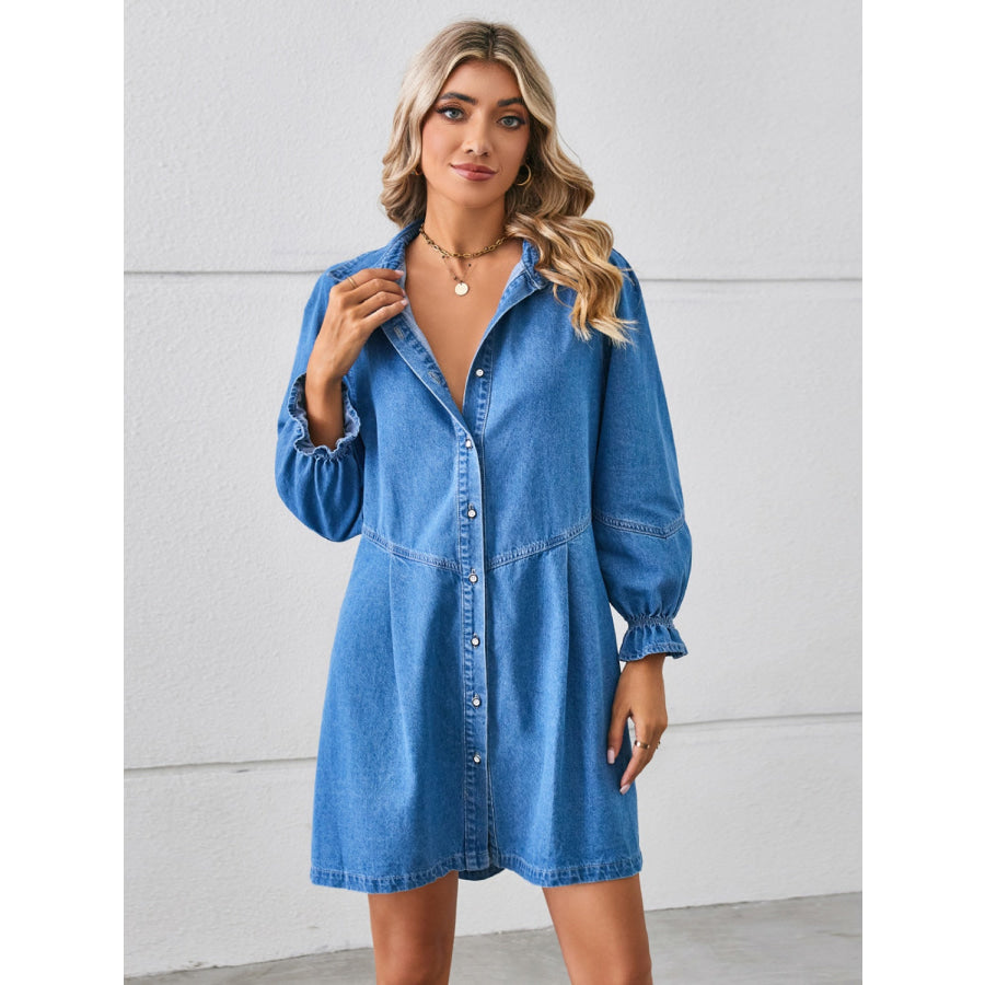 Button Up Flounce Sleeve Mini Denim Dress Dusty Blue / S Apparel and Accessories