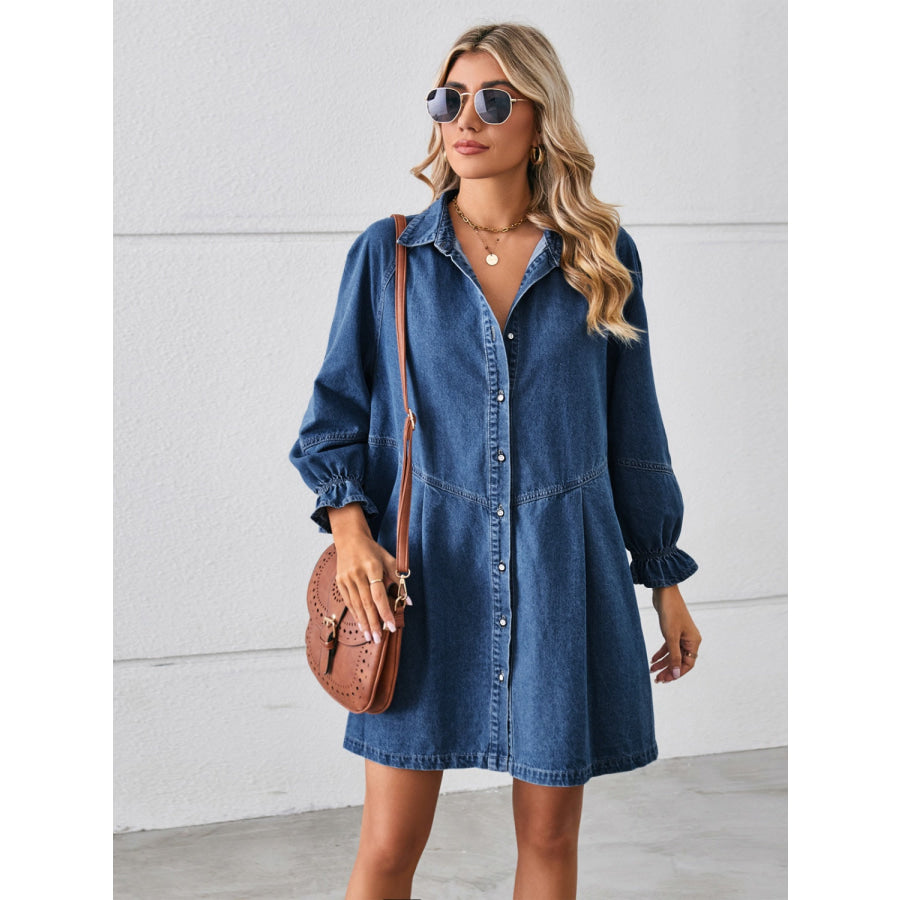 Button Up Flounce Sleeve Mini Denim Dress Peacock Blue / S Apparel and Accessories