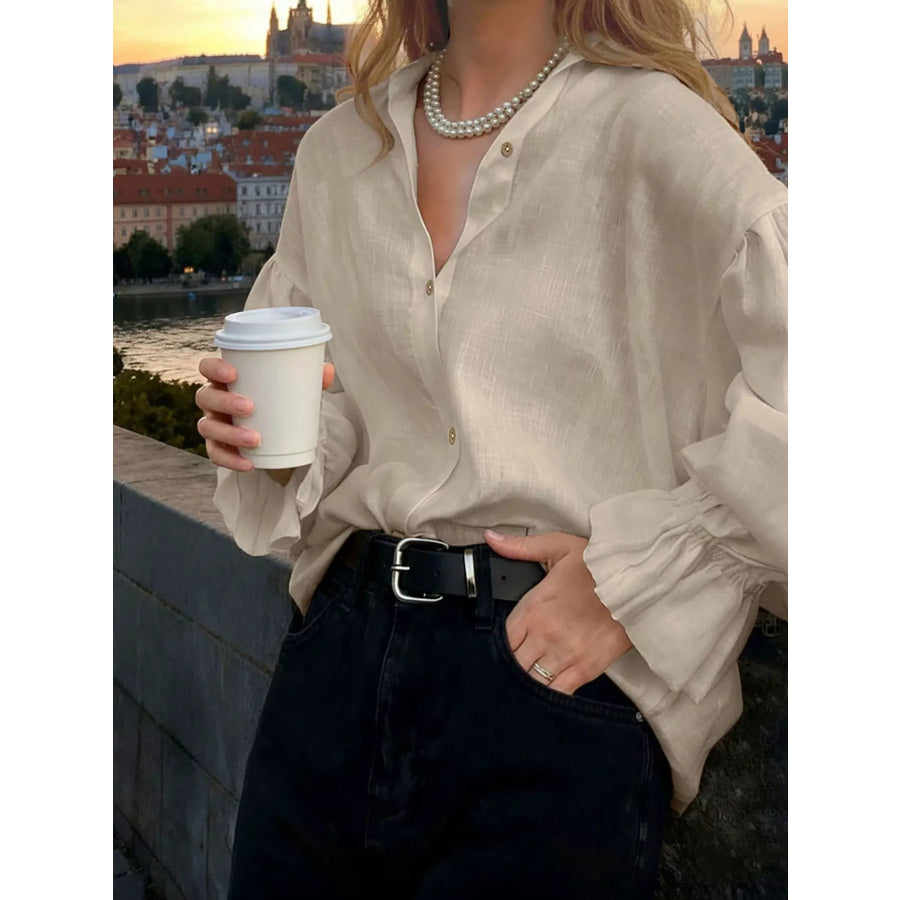 Button Up Flounce Sleeve Shirt Apparel and Accessories