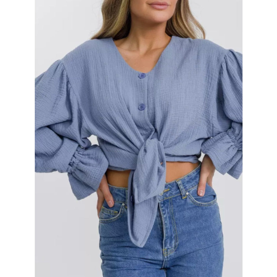 Button Up Flounce Sleeve Shirt Apparel and Accessories