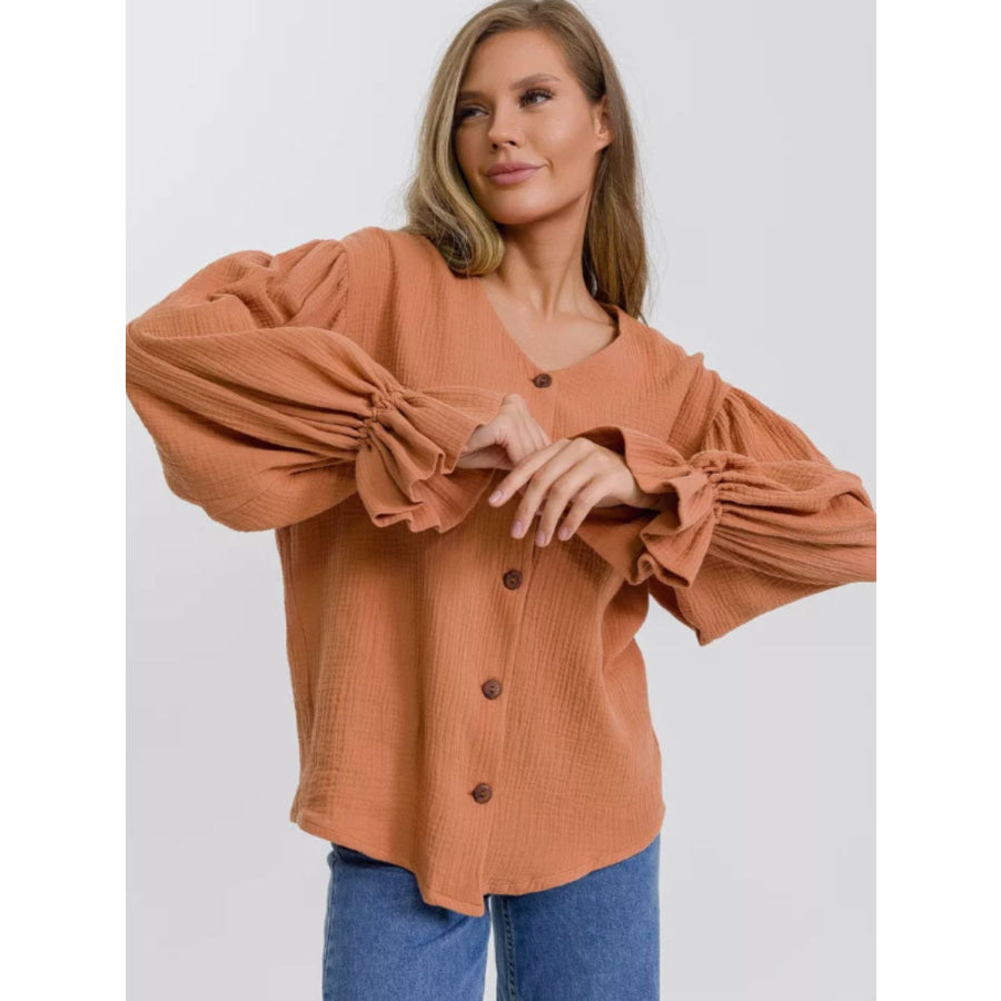 Button Up Flounce Sleeve Shirt Apparel and Accessories