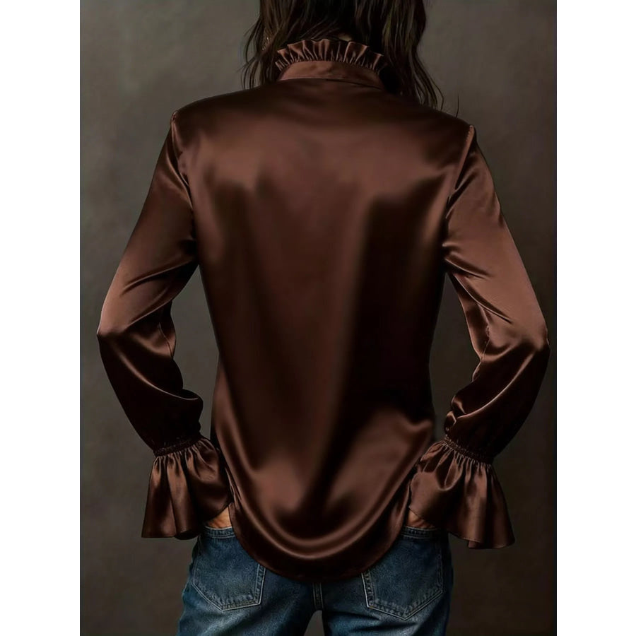 Button Up Flounce Sleeve Shirt Apparel and Accessories