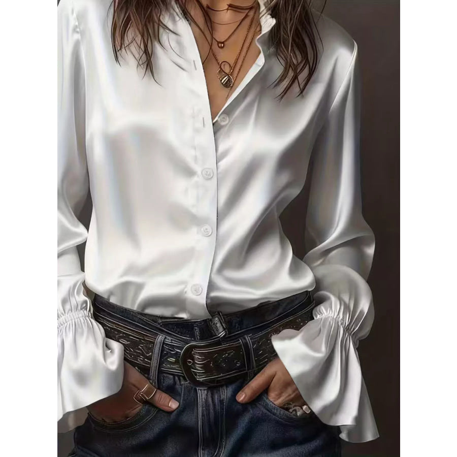 Button Up Flounce Sleeve Shirt Apparel and Accessories
