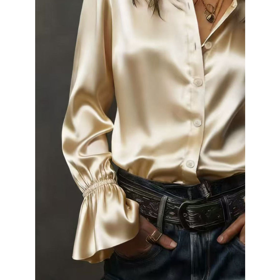 Button Up Flounce Sleeve Shirt Apparel and Accessories