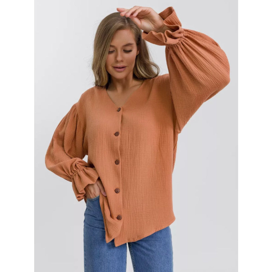 Button Up Flounce Sleeve Shirt Ochre / S Apparel and Accessories