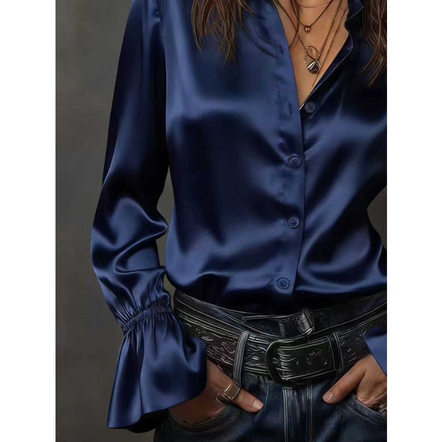 Button Up Flounce Sleeve Shirt Apparel and Accessories