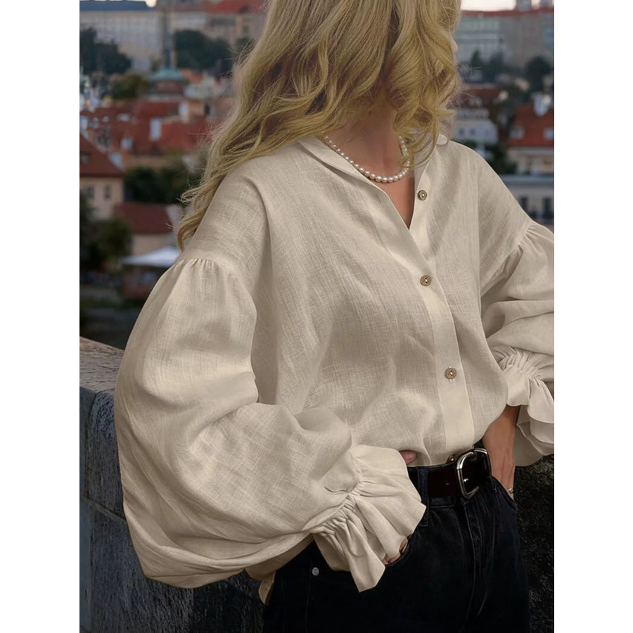 Button Up Flounce Sleeve Shirt Apparel and Accessories