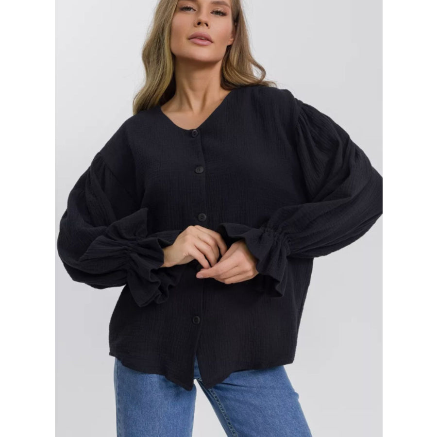 Button Up Flounce Sleeve Shirt Black / S Apparel and Accessories