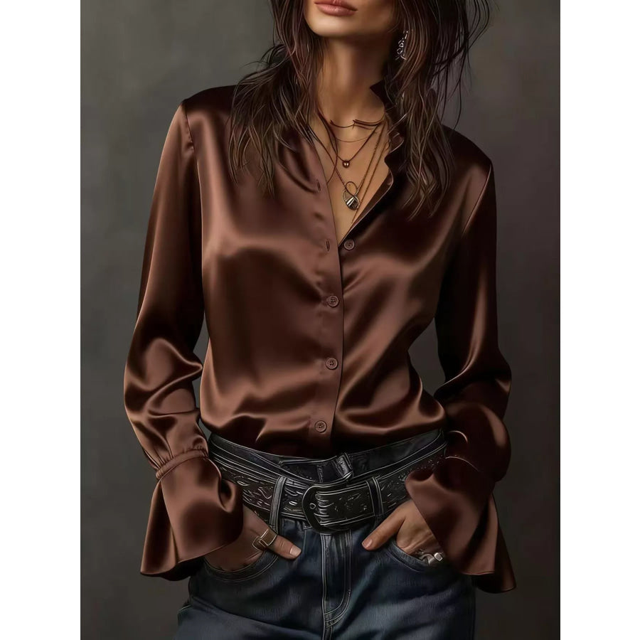 Button Up Flounce Sleeve Shirt Brown / S Apparel and Accessories