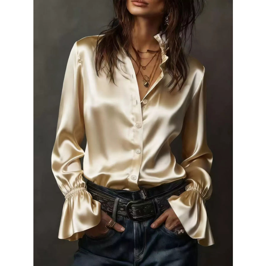 Button Up Flounce Sleeve Shirt Gold / S Apparel and Accessories