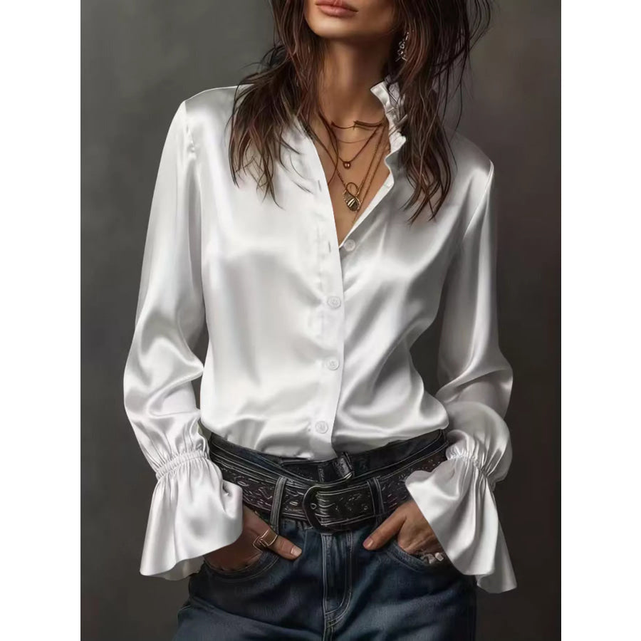 Button Up Flounce Sleeve Shirt Gray/white / S Apparel and Accessories