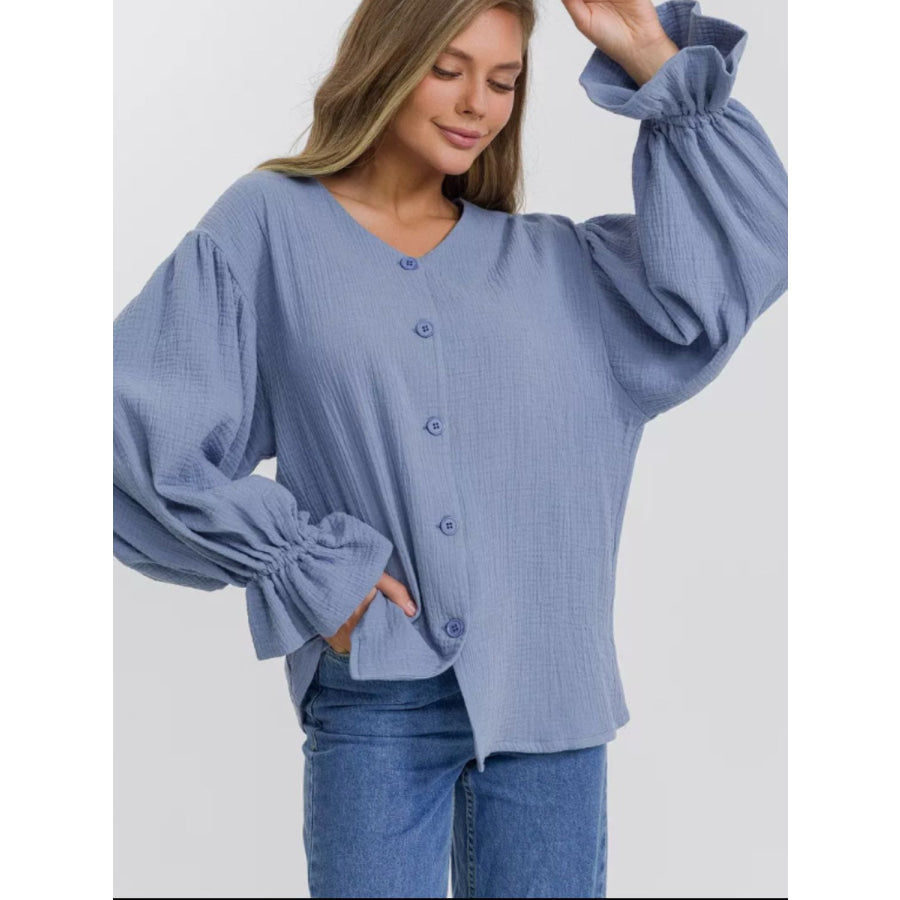 Button Up Flounce Sleeve Shirt Light Blue / S Apparel and Accessories