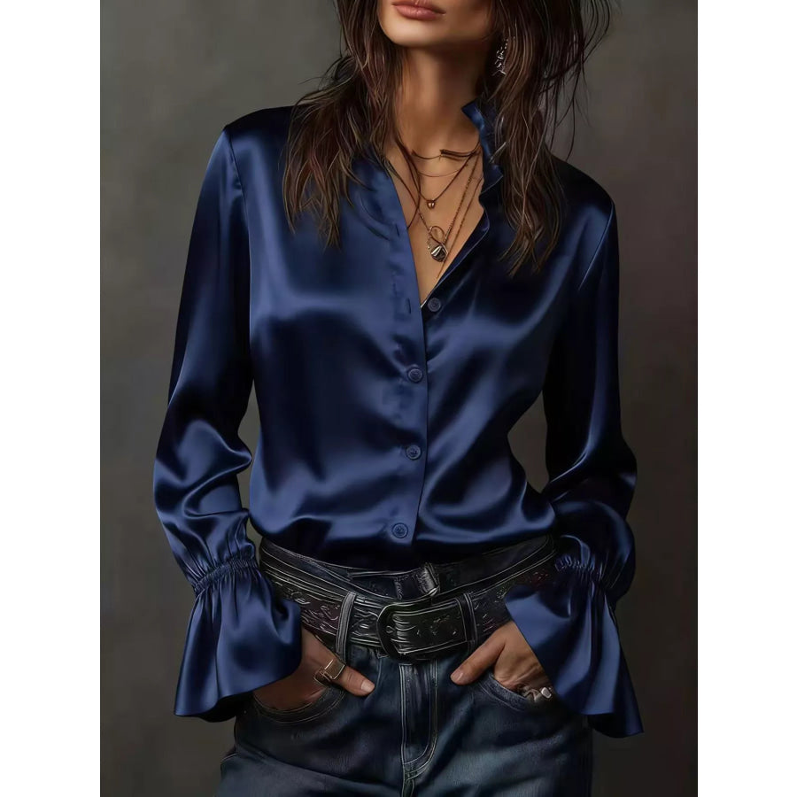 Button Up Flounce Sleeve Shirt Navy / S Apparel and Accessories