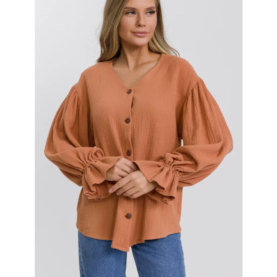 Button Up Flounce Sleeve Shirt Ochre / S Apparel and Accessories