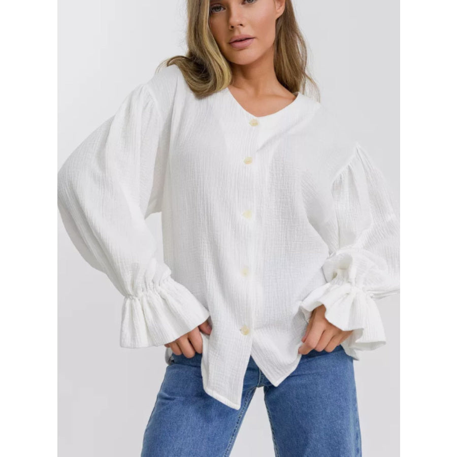 Button Up Flounce Sleeve Shirt White / S Apparel and Accessories