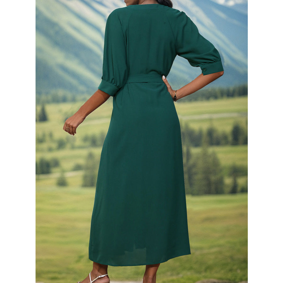 Button Up Half Sleeve Dress Green / S Apparel and Accessories