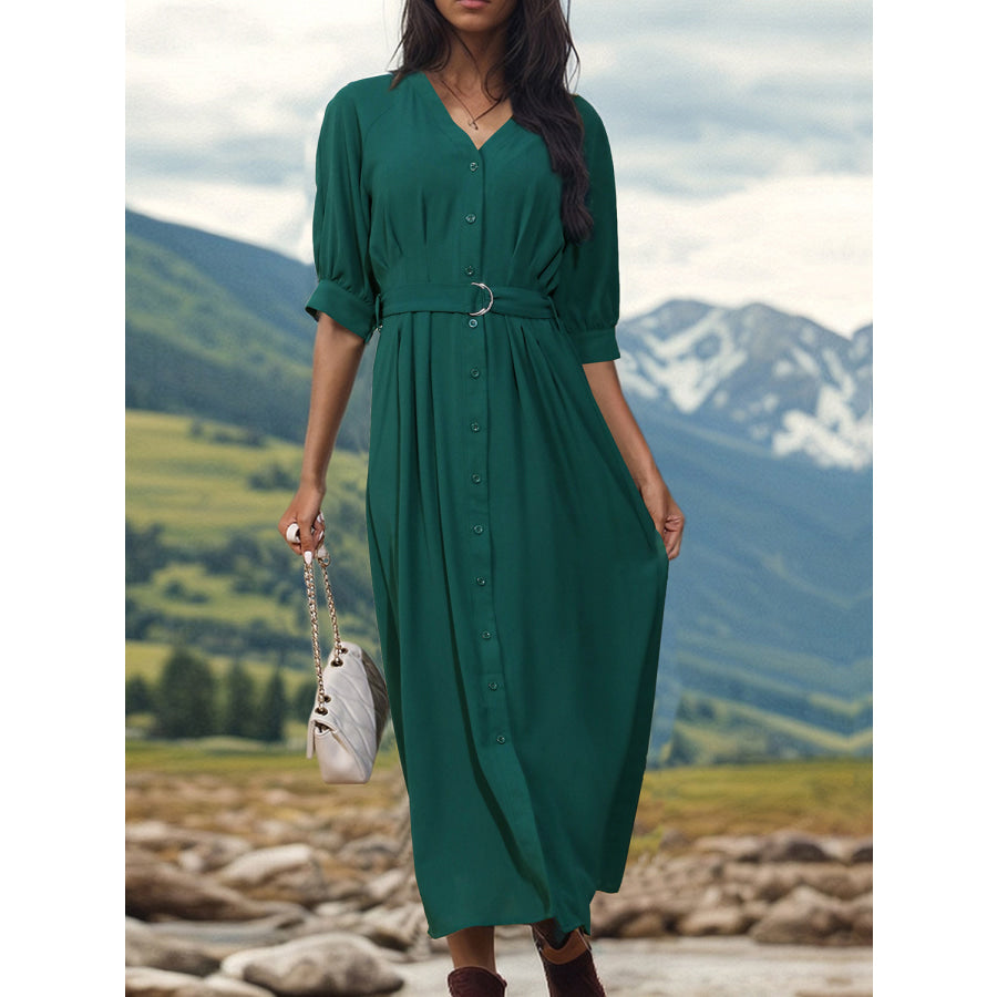 Button Up Half Sleeve Dress Green / S Apparel and Accessories