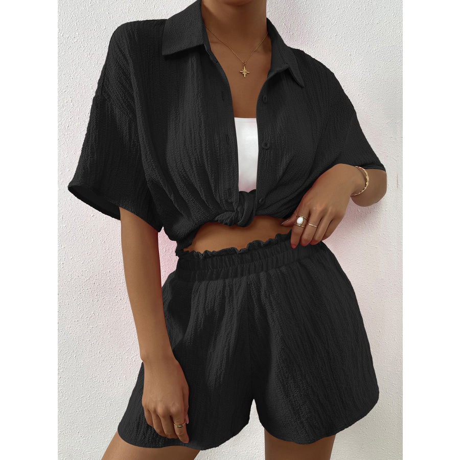 Button Up Half Sleeve Top and Shorts Set Black / S Apparel and Accessories