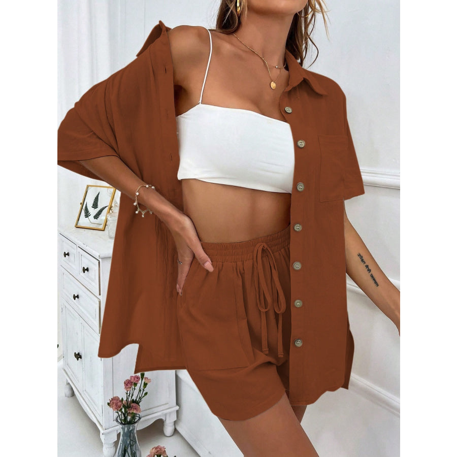 Button Up Half Sleeve Top and Shorts Set Dark Brown / S Apparel and Accessories