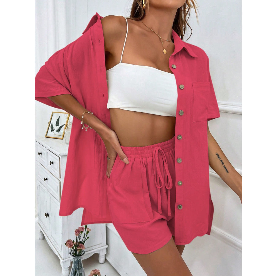 Button Up Half Sleeve Top and Shorts Set Deep Rose / S Apparel and Accessories