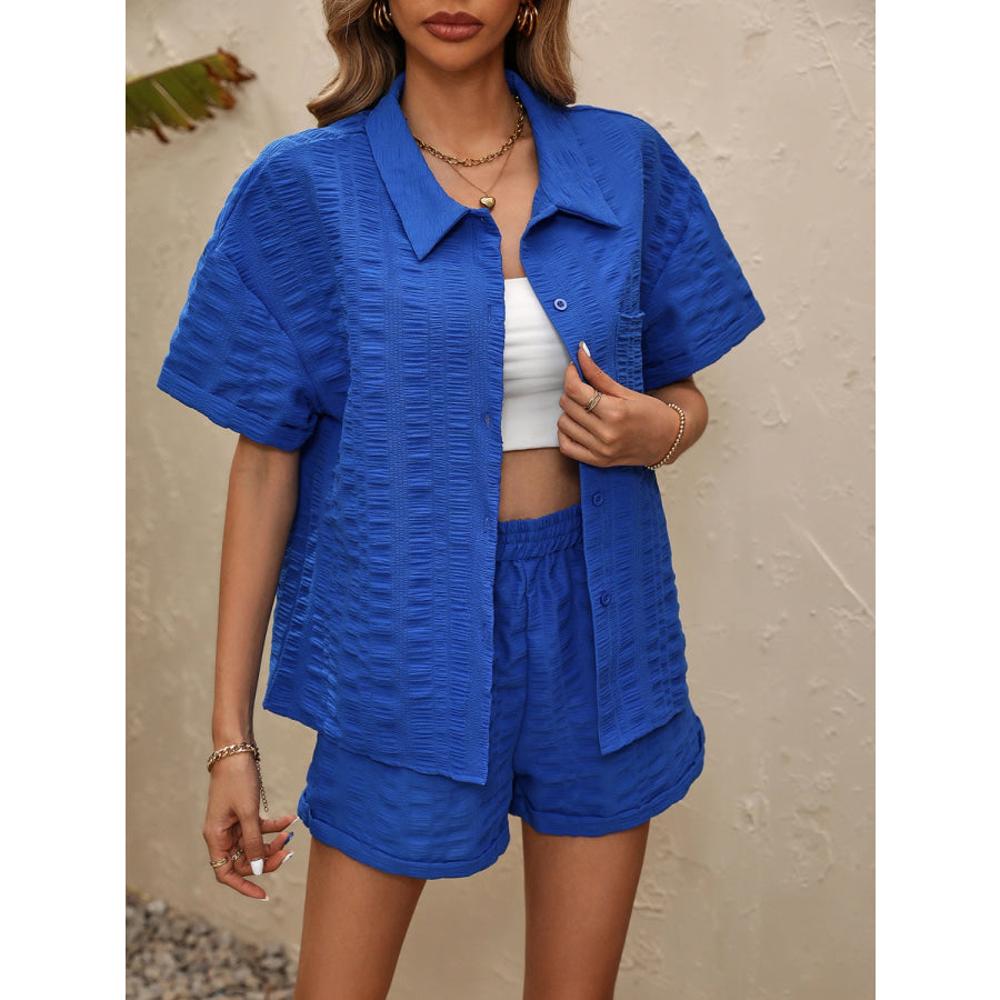 Button Up Half Sleeve Top and Shorts Set Royal Blue / S Apparel and Accessories