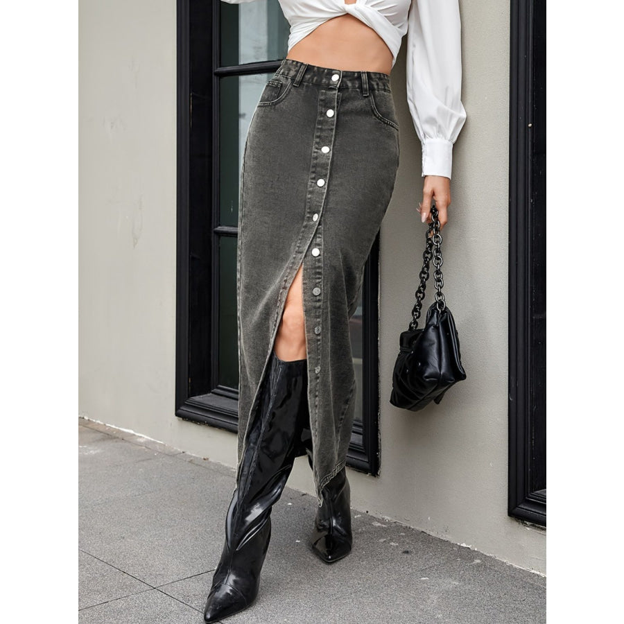 Button Up High Rise Denim Skirt Apparel and Accessories