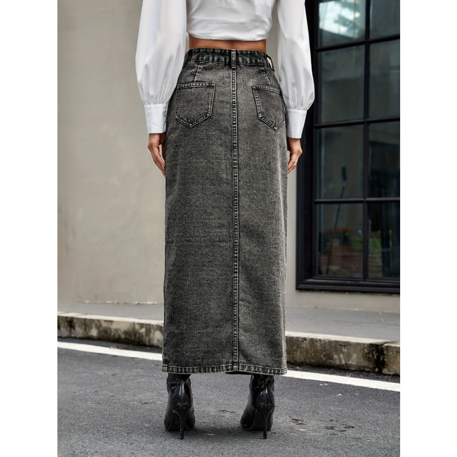 Button Up High Rise Denim Skirt Dark Gray / XS Apparel and Accessories