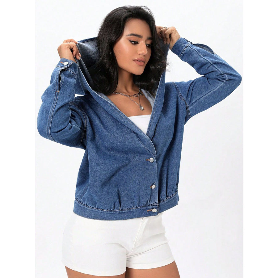 Button Up Hooded Denim Top Apparel and Accessories