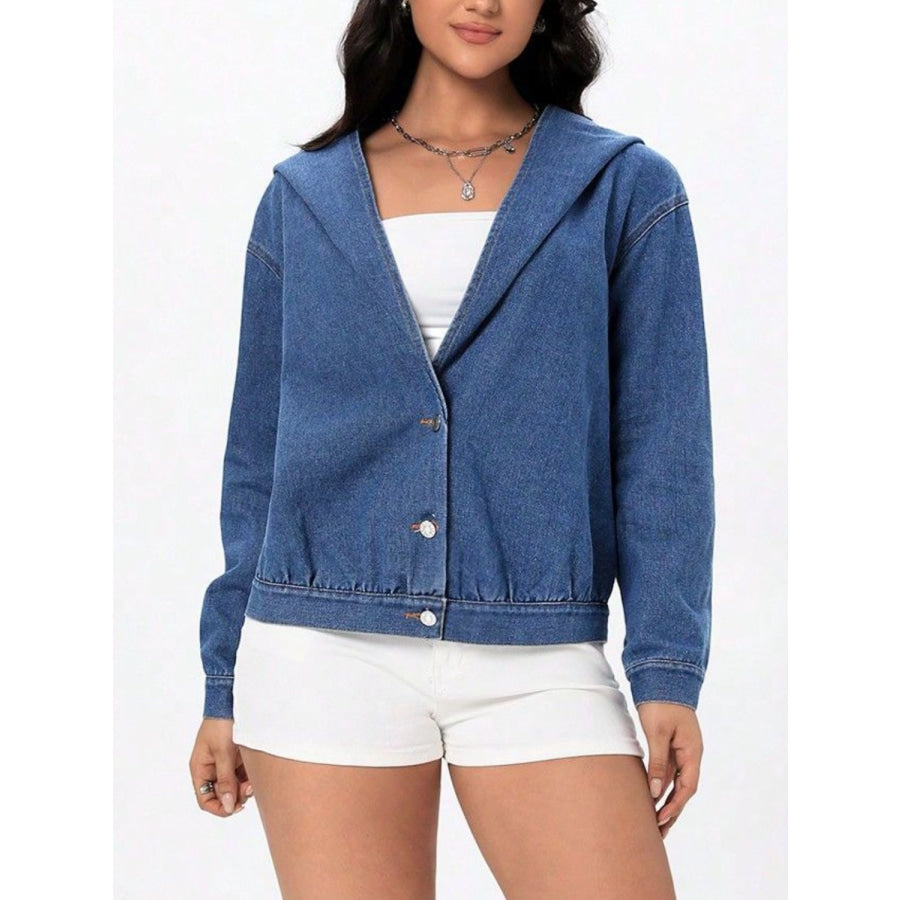 Button Up Hooded Denim Top Apparel and Accessories