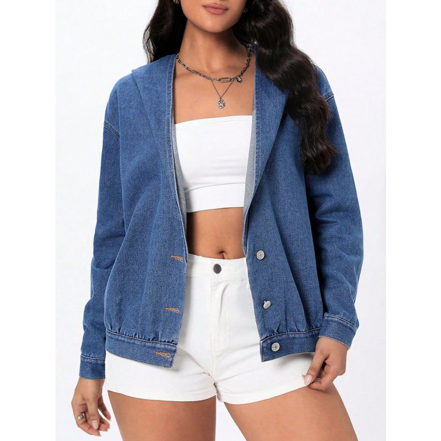 Button Up Hooded Denim Top Apparel and Accessories