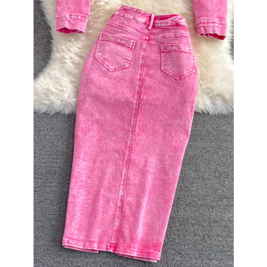 Button Up Jacket and Slit Skirt Denim Set Apparel and Accessories