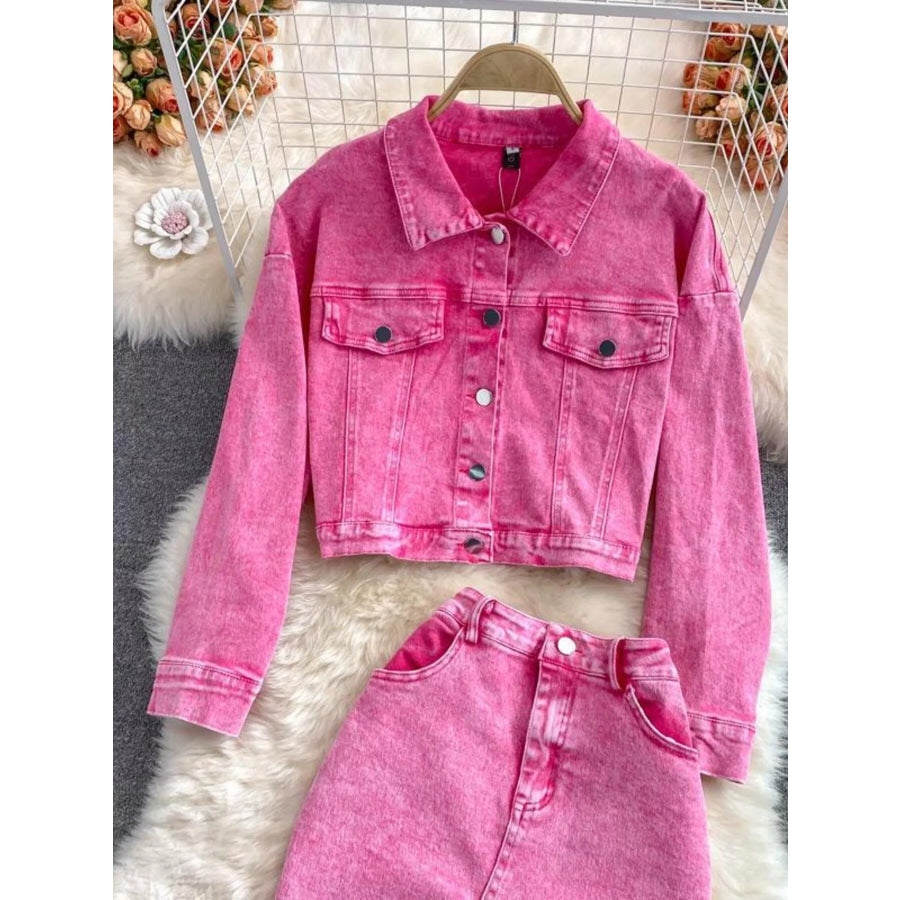 Button Up Jacket and Slit Skirt Denim Set Apparel and Accessories