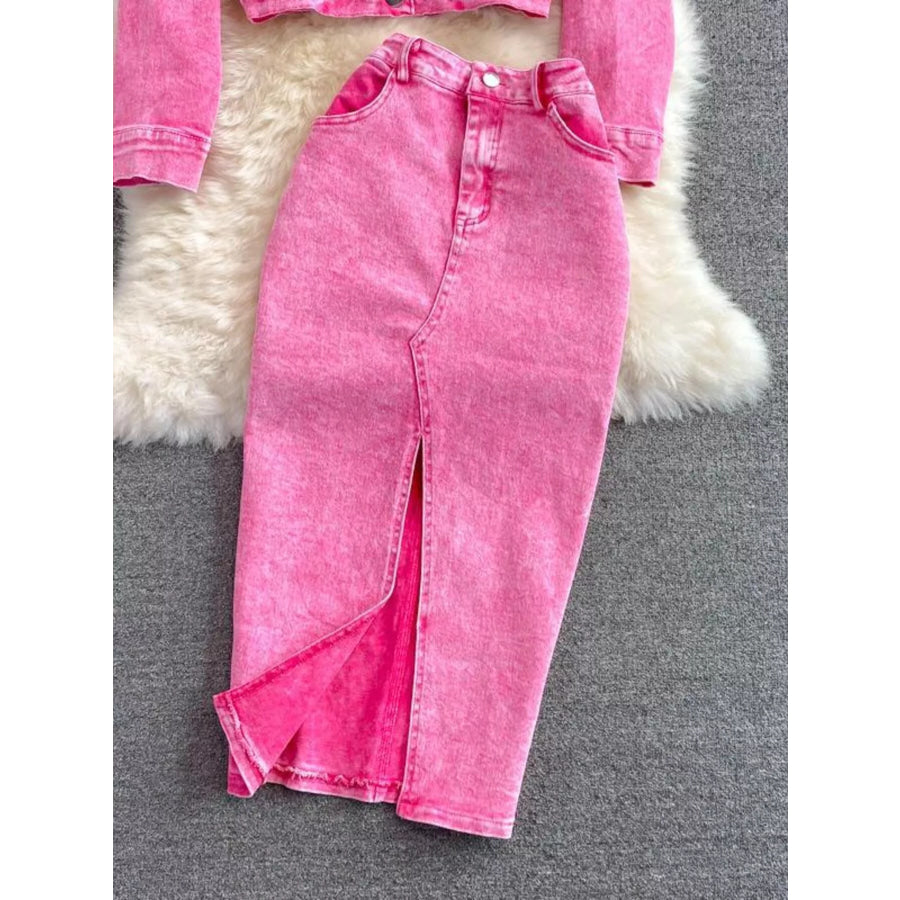 Button Up Jacket and Slit Skirt Denim Set Apparel and Accessories