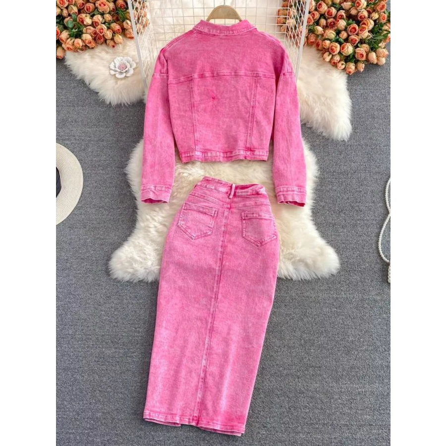Button Up Jacket and Slit Skirt Denim Set Apparel and Accessories