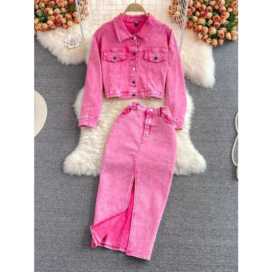 Button Up Jacket and Slit Skirt Denim Set Pink / S Apparel and Accessories