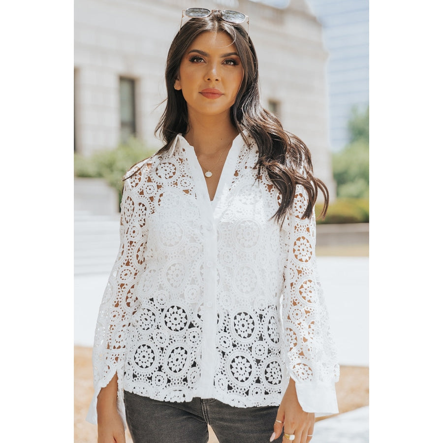 Button-Up Lace Collared Shirt White / S