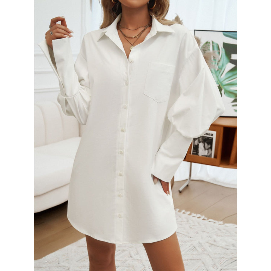 Button Up Lantern Sleeve Mini Shirt Dress Apparel and Accessories