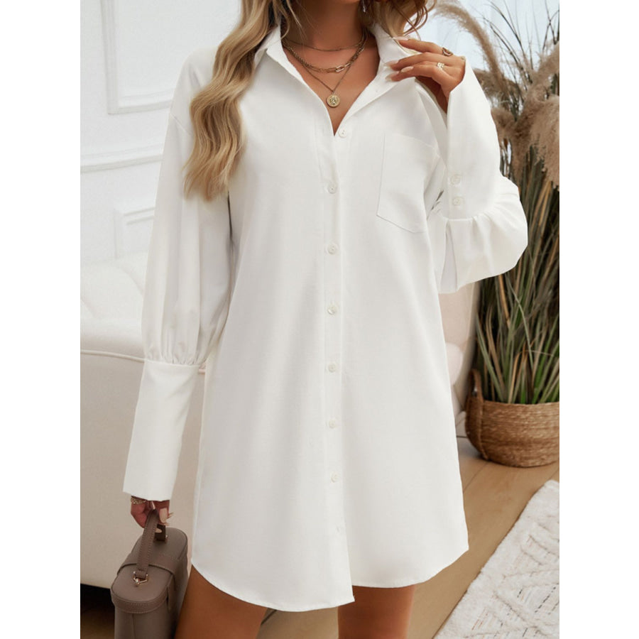 Button Up Lantern Sleeve Mini Shirt Dress Apparel and Accessories