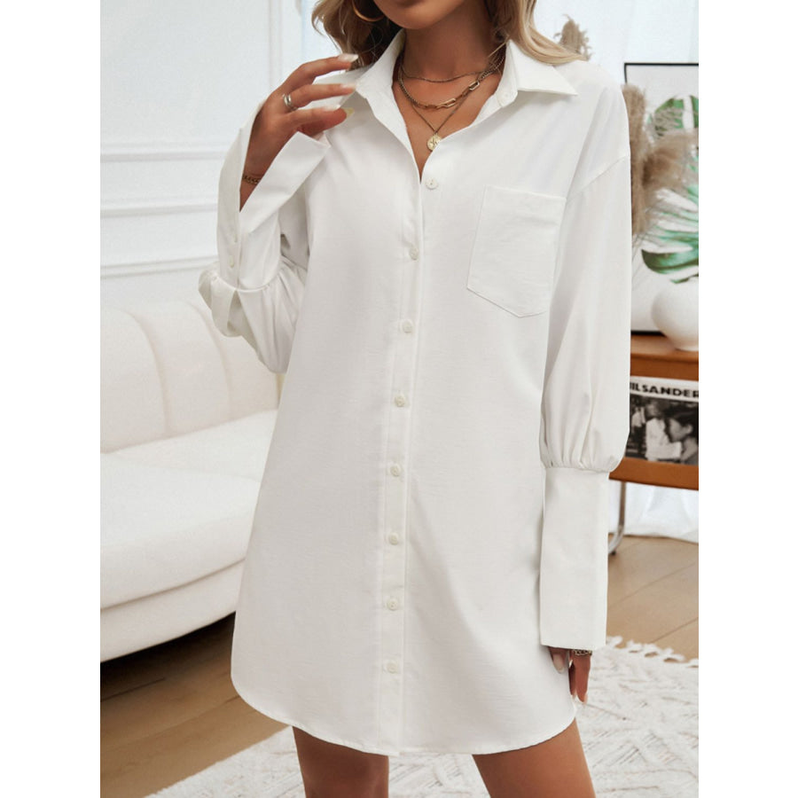 Button Up Lantern Sleeve Mini Shirt Dress Beige / S Apparel and Accessories