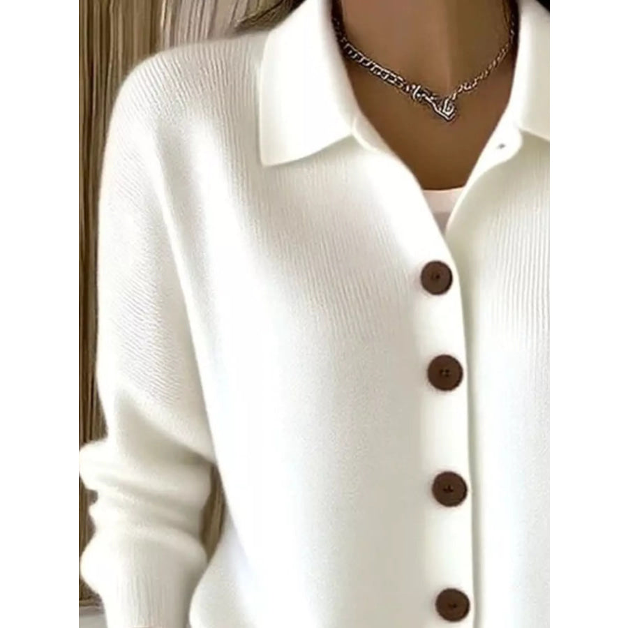 Button-Up Long Sleeve Cardigan White / S Apparel and Accessories