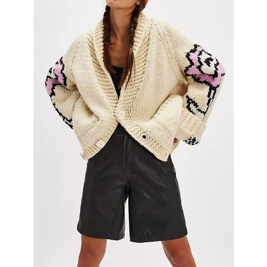Button Up Long Sleeve Cardigan Beige / One size fits all Apparel and Accessories