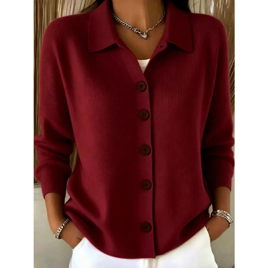 Button-Up Long Sleeve Cardigan Burgundy / S Apparel and Accessories